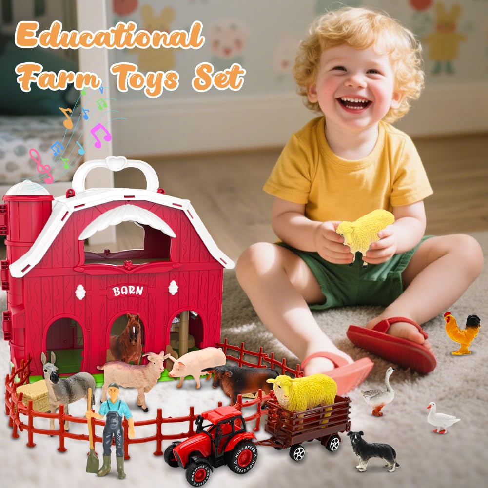 Big Red Barn Toys for Toddlers 1-3, Farm Animal Figures Playset with Tractor for 2 3 4 5 Year Old Kids, Musical Preschool Montessori STEM Learning Toys, Christmas Birthday Easter Gift for Boys Girls