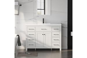 LUCKWIND 48" Modern Bathroom Vanity and Sink, Painted Bathroom Storage Cabinet with Single Resin Sink, Two Doors and Four Drawers, Include Faucet Without Mirror, White