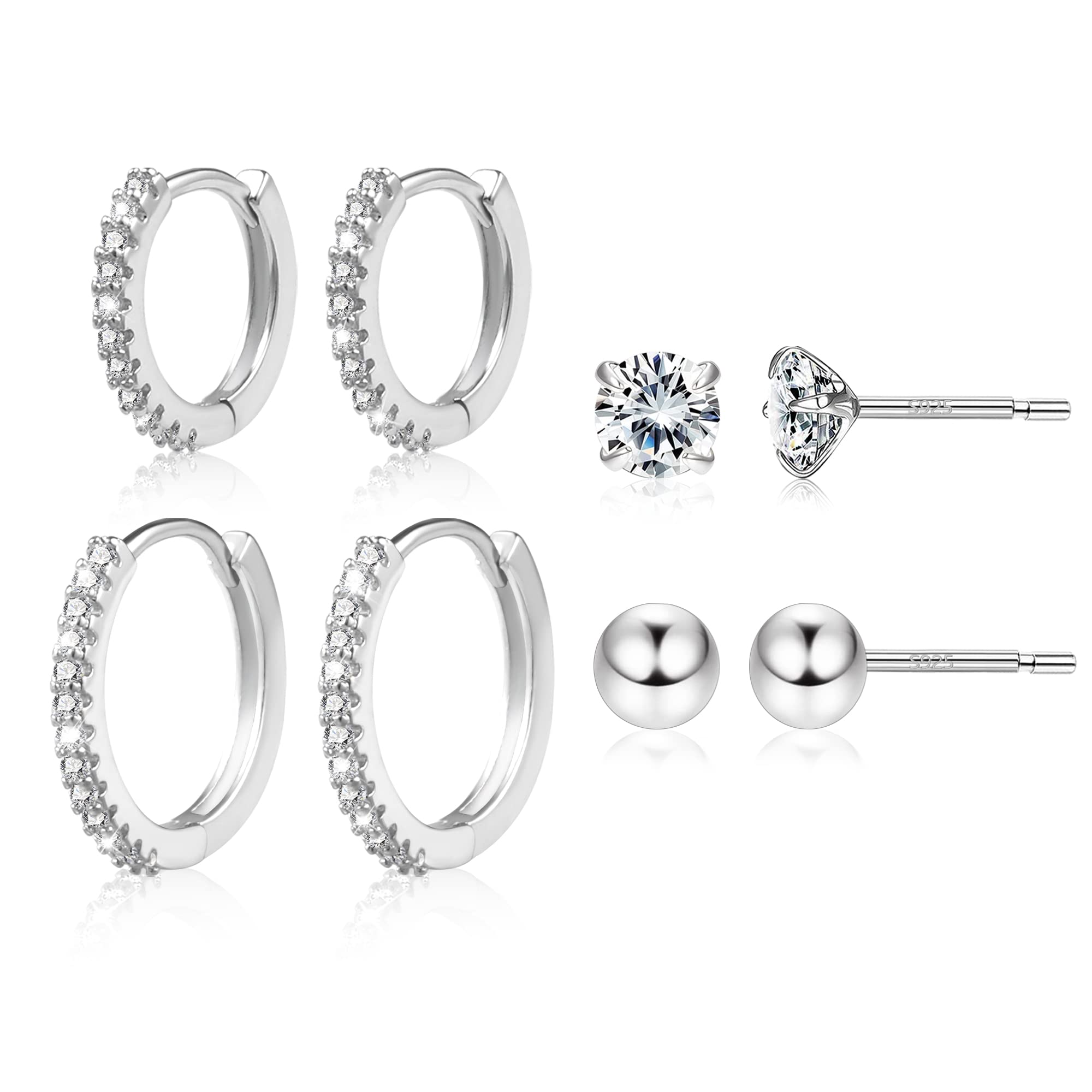 ALEXCRAFT Silver Earrings for Women 6 Pairs Silver Earring Set Cubic Zirconia Silver Stud Earrings Small Silver Hoop Earrings Silver Huggie Earrings for Men Girls