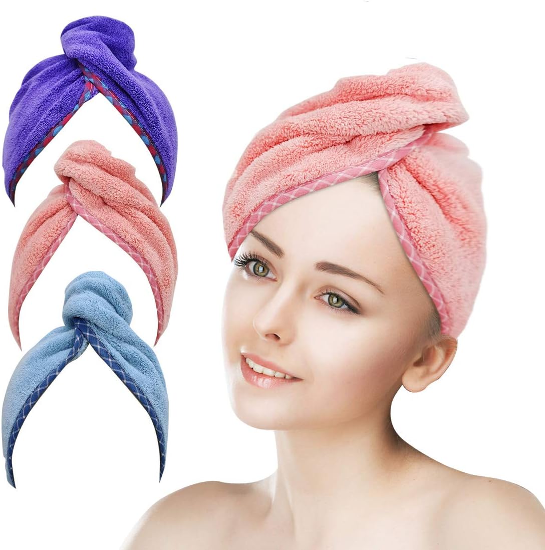 EYYRI Hair Turban Towel Fast Drying Towels Head Wraps Microfiber Quick Dry Absorbent Hair Cap for Women and Girls, 10 X 25 inch, 3 Pack (Pink, Purple, Blue): Home & Kitchen