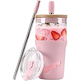 Glass Tumbler with Lids and Straws, 20 oz Iced Coffee Cup and Smoothie Cup with Bamboo Lid and On the go Lid,Glass Cups With Straws