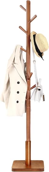 VASAGLE Coat Rack Solid Wood Free Standing Hall Tree 8 Hooks Dark Walnut