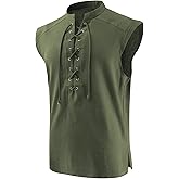 JIEFULL Mens Medieval Pirate Sleeveless Shirts Renaissance Lace Up Cotton Linen Tank Top Gothic Viking Pirate Beach Tunic