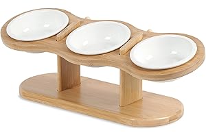 CILXGQLN Elevated Cat Bowls, 2 Heights Adjustable Raised Dog Bowl Stand, 3 Ceramic Bowls for Cats and Small Dogs, 15° Tilted