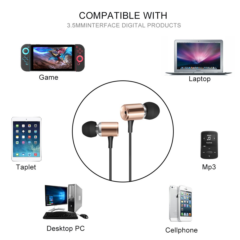 Wired Metal Earphones AIFEIMEI In-ear Heavy Bass Stereo Earbuds Headphones Volume Control with Microphone Headset Sport Gym Running for iPhone iOS/Android 3.5mm jack +Carrying Case (GOLD)
