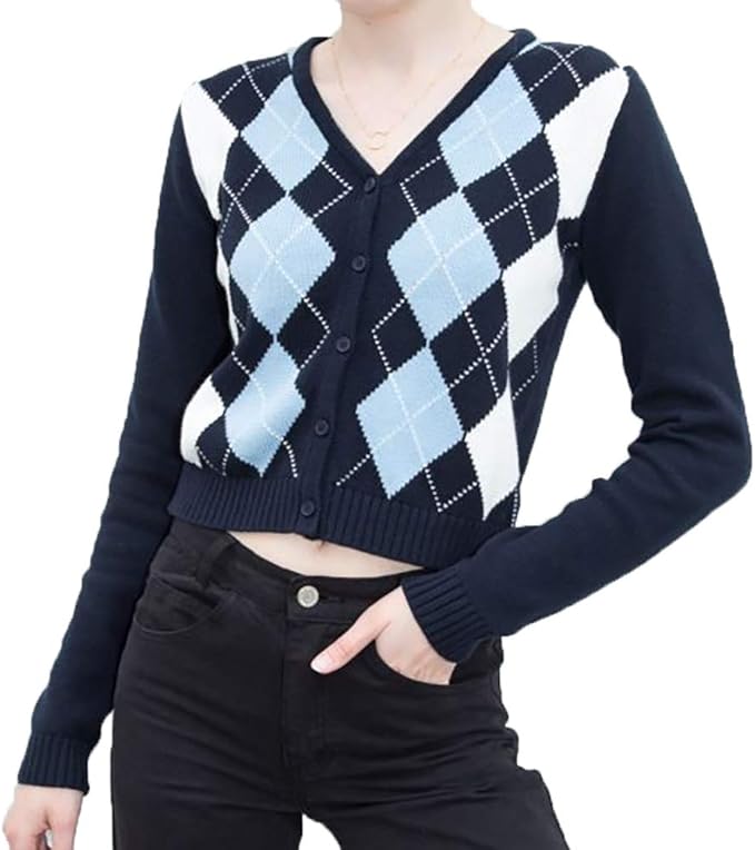 blue checkered cardigan