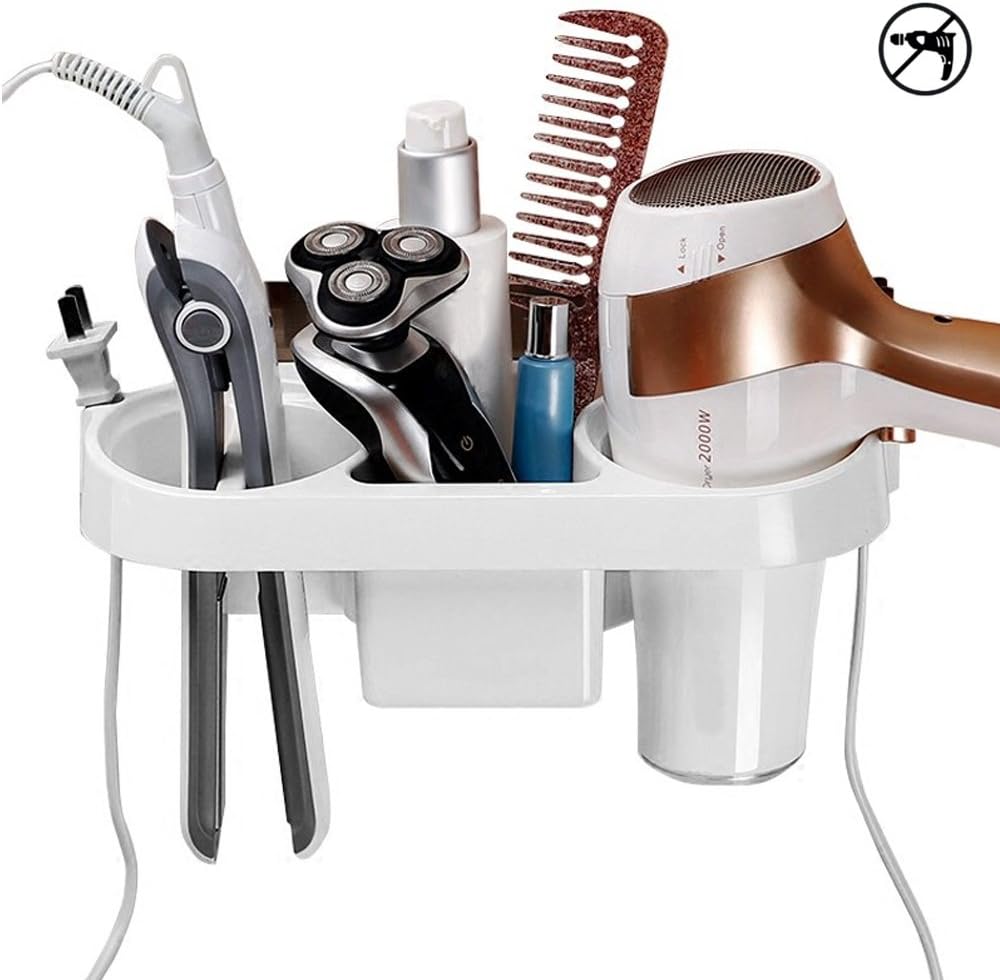 COAWG Sticky hair dryer rack, Drillless bathroom hair dryer shelf storage rack with hook up,Collector for hair care tools Curling stick ,Straight hair rod, basket of splint