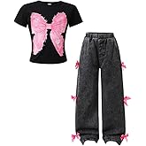 HSOXLQF Girls Summer Clothes 2 Piece Outfits Bow Print T-Shirt and Ribbon Bow Wide-Leg Jeans Cute Clothing Set