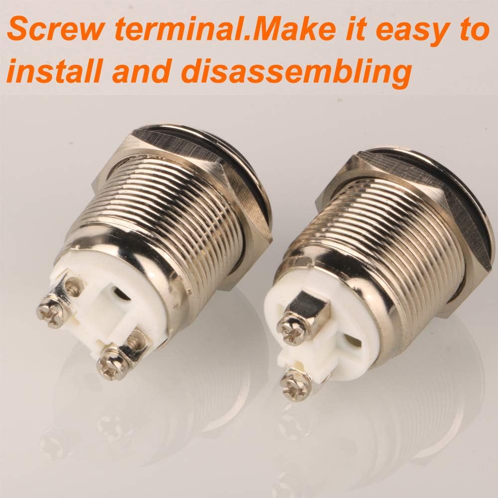 Gebildet 2pcs 19mm 12V/24V/125V/250V/5A Latching Push Button Switch Screw Type Terminals Stainless Steel Metal Waterproof Switch(High Head) - Image 4
