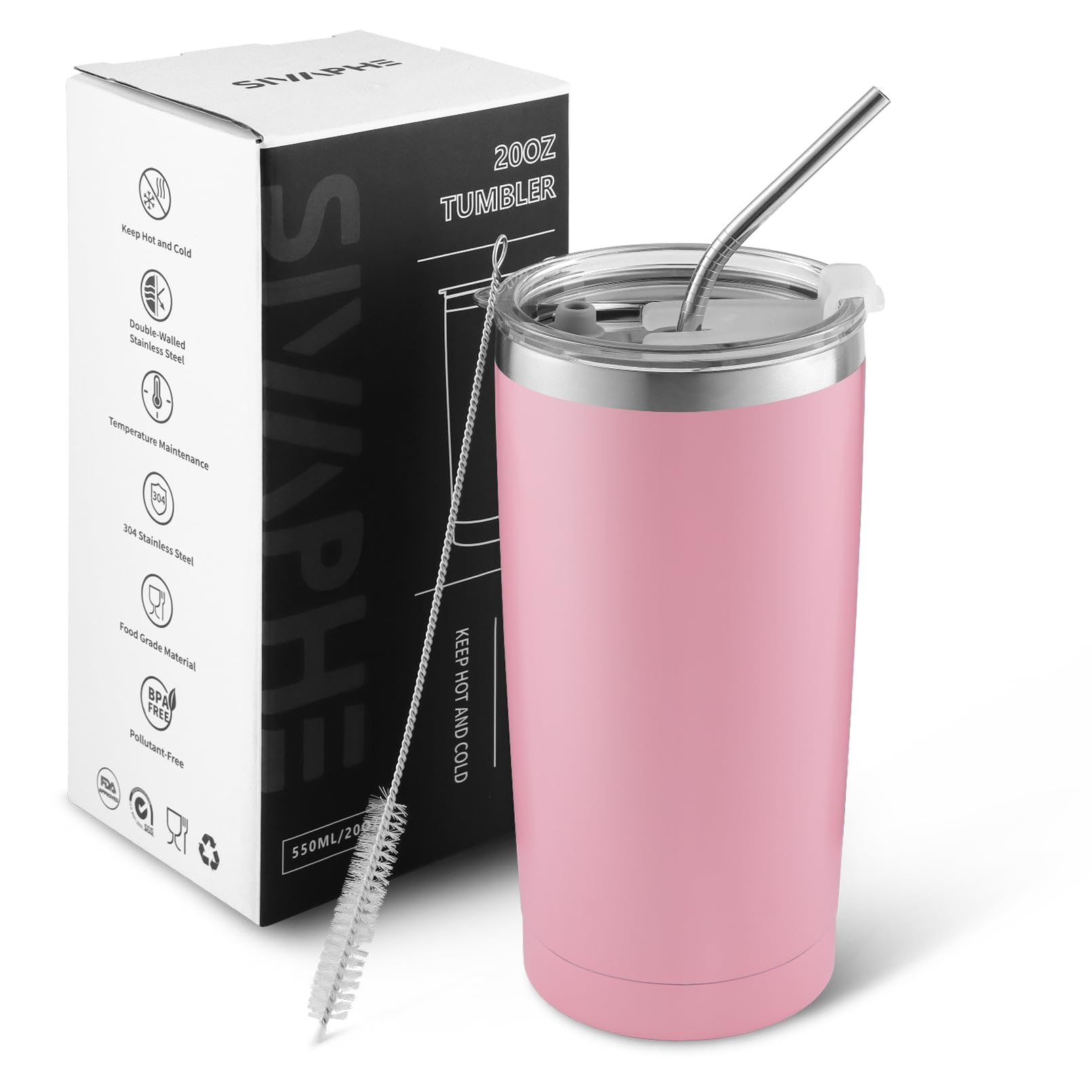 Sivaphe 20 OZ Insulated Travel Tumbler Stainless Steel with Straw and Lids, Travel Coffee Cup Double Wall Vacuum Drinking Glasses for Camping Hiking Pink 550ML