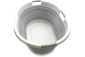 SAMMART 57L (15 Gallons) Collapsible 3-Handled Plastic Laundry Basket - Oval Tub - Portable Washing Tub-Space Saving Laundry Hamper, Water Capacity 44L / 11.6 Gallon (1, Grey)