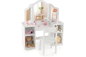 HONEY JOY Kids Vanity, Little Girls Vanity Set with Mirror and Stool, Storage Shelves, Wooden Princess Makeup Dressing Table, Toddler Vanity, Pretend Play Kids Vanity Table and Chair Set (White)