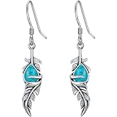 Feather Earrings with Turquoise 925 Sterling Silver Bohemian Style Feather Dangle Drop Earrings for Women Mom Wife