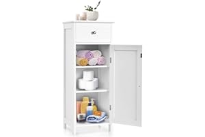 COSTWAY Bathroom Storage Cabinet, Single Door Floor Cabinet with Drawer and 3-Level Adjustable Shelves, Modern Side Storage Organizer with Anti-Tipping Device for Living Room, Bedroom (White)