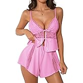 Kolagri Womens Sexy Front Tie Pajamas Lingerie Set High Waist Sleepwear Lace Ruffle V Neck Cami Shorts Nightwear