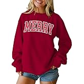 Merry Christmas Sweatshirt for Women Retro Merry Letter Sweatshirts Xmas Holiday Crewneck Long Sleeve Pullover Tops