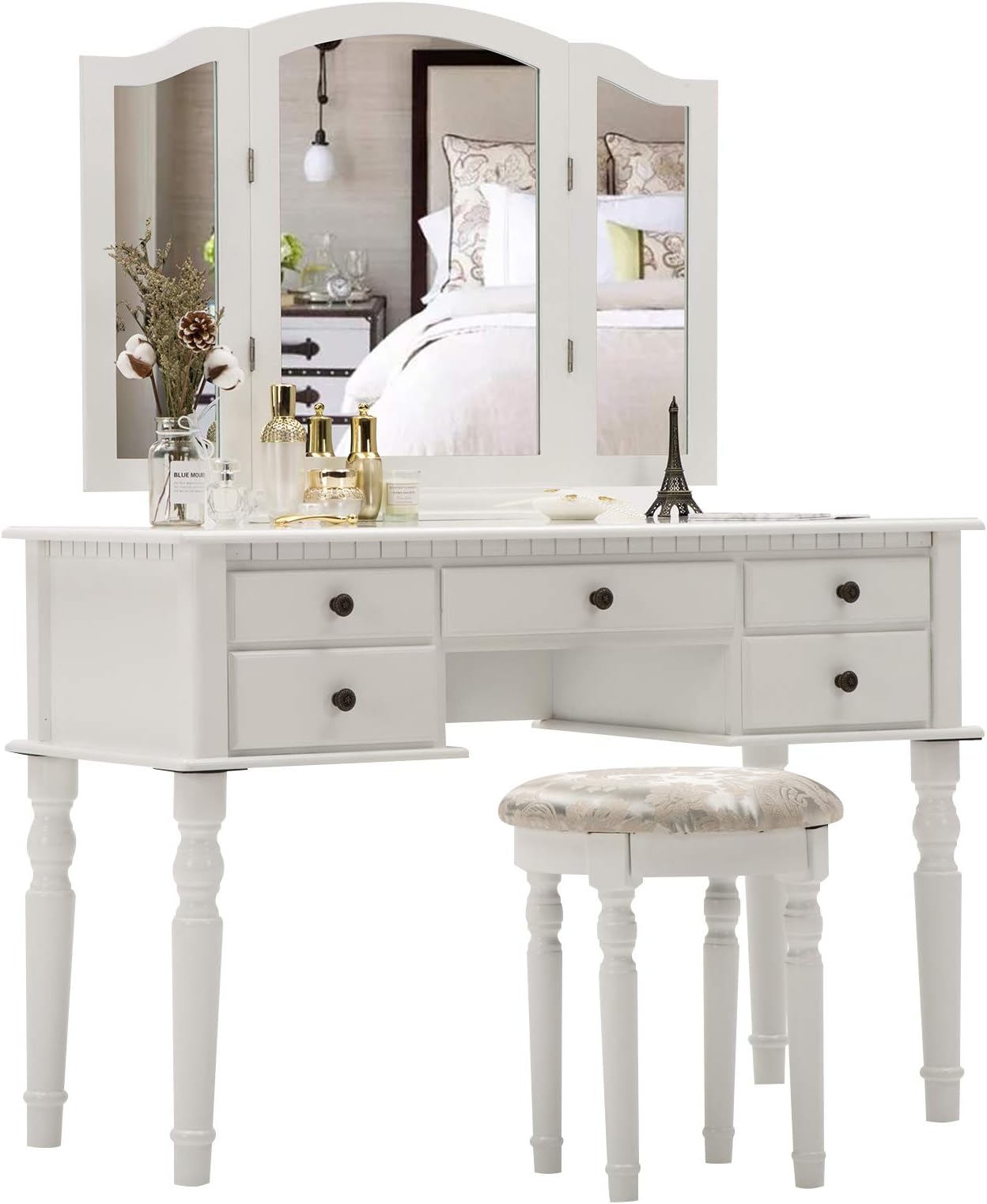 Unihome Trifold Mirrors Large Makeup Vanity Table Set Cushioned Stool Makeup Table with 5 Drawers Dressing Table White