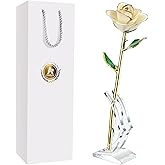 AliveRose 24K Gold Dipped Rose Made from Real Rose - Unique Design Dipped Rose for Anniversary Valentines Mothers Day Birthday Gifts (White with Stand)