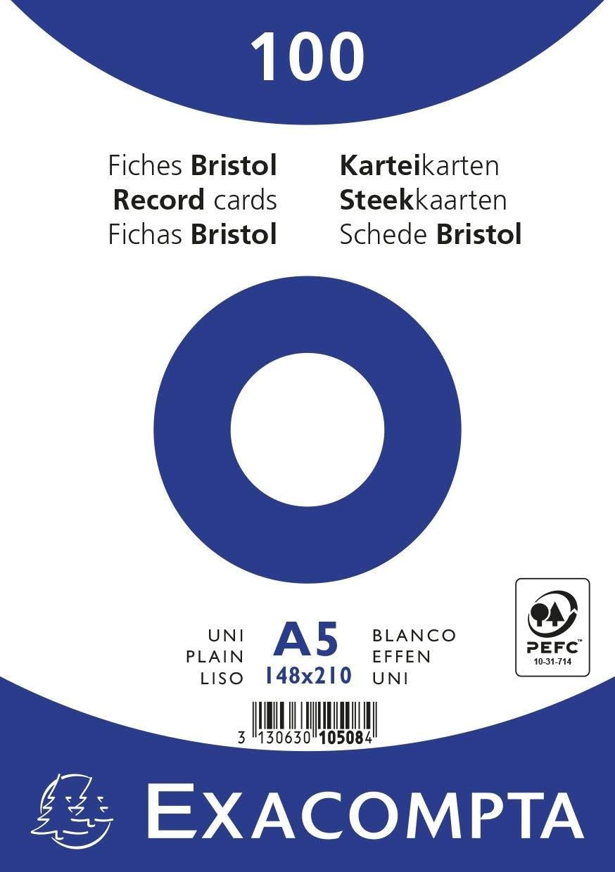 Exacompta - Ref 10508E - Bristol Plain Record Cards (Pack of 100) - A5 in Size, 205gsm Card, Compatible with Printers - Suitable for Exam Revision & Notes - White