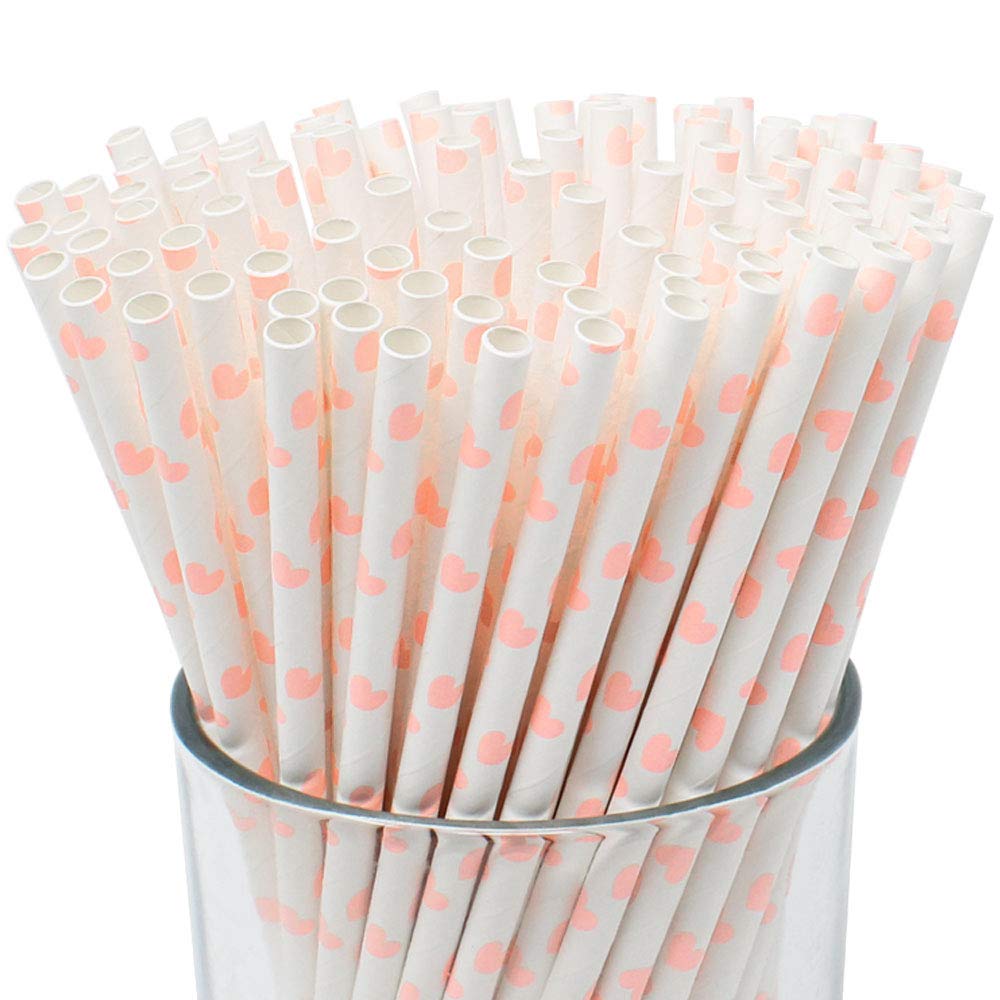 Just Artifacts Premium Disposable Drinking Paper Straws (100pcs, Light Pink Hearts)