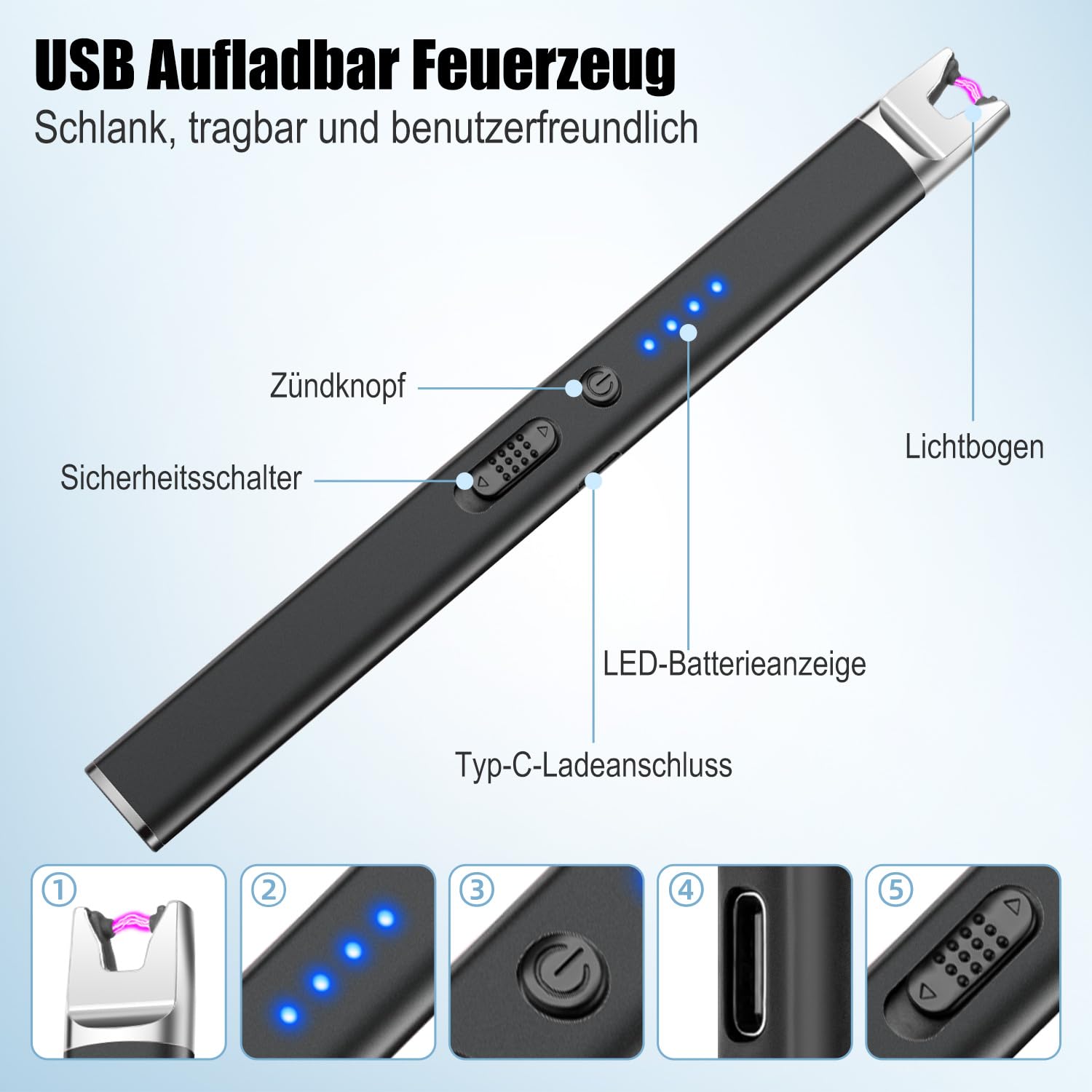 LcFun Lichtbogen Feuerzeug Elektrisch, Typ C Aufladbar Elektrisches Feuerzeug, Winddicht Lang Stabfeuerzeug USB Aufladbar, Plasma Feuerzeuge für Küche Herd Camping, Kamin Feuerwerk (Schwarz) 5