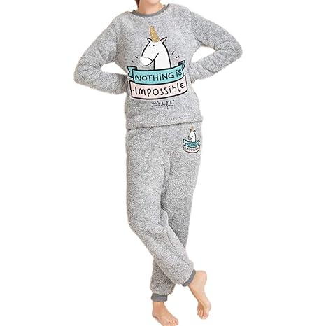 GWELL Damen Schlafanzug Set Einhorn Motiv Flanell Pyjama Zweiteiliger Langarm Nachtwäsche Winter