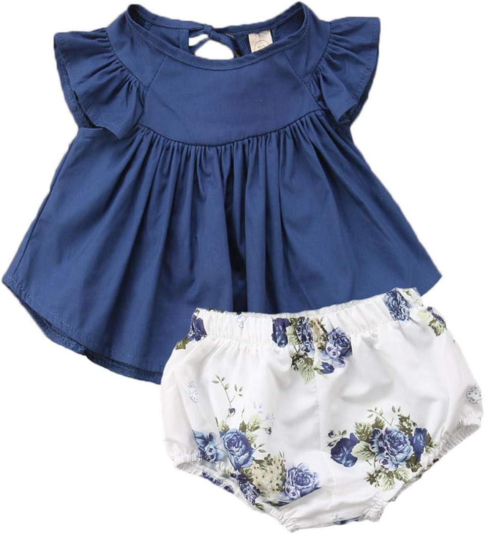 Newborn Baby Girl Cotton Ruffled Short Sleeve Bodysuit Tops + Floral Shorts Baby Girl Clothes Set