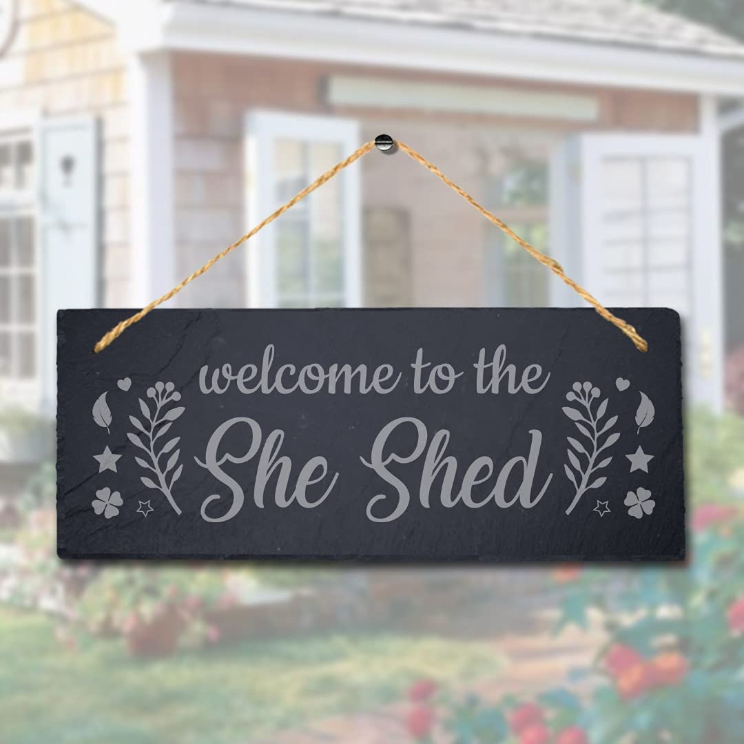 Stukk Welcome Laser Hanging Home Shed Sign, Natural Engraved Slate Stone Plaque, 30x12cm (Large)