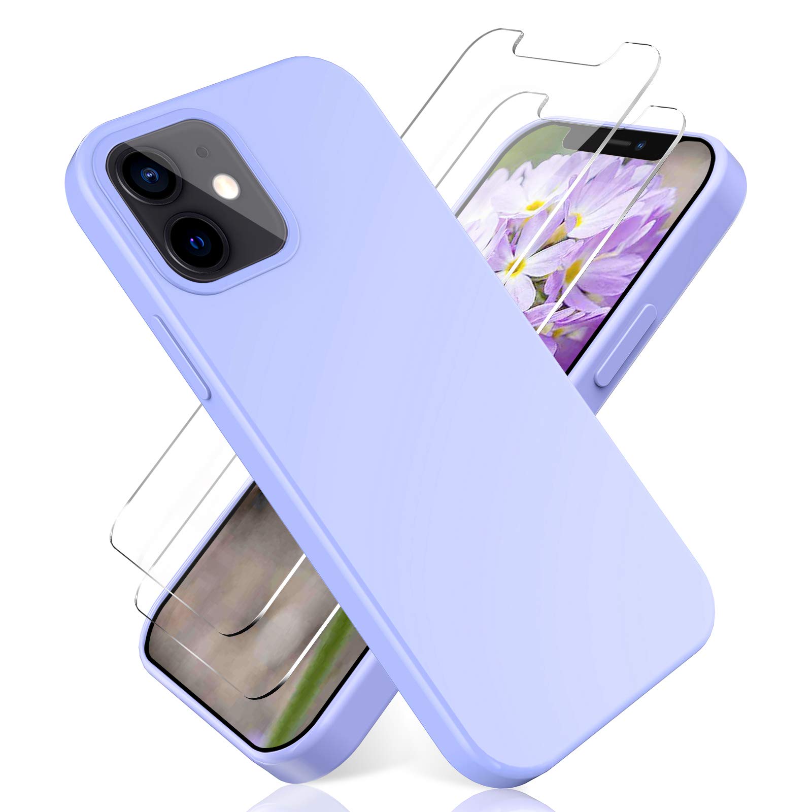 YiKaDa - Compatible with iPhone 12 / iPhone 12 Pro (6.1") Case + [2 Pack] Tempered Glass Screen Protector, Slim Liquid Silicone Soft Gel Case - Purple