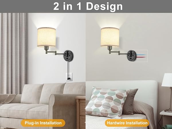 PLUG IN WALL SCONCES WITH REMOTE CONTROL, DIMMING 10%-100% & ADJUSTABLE COLORS 2700K-6500K, HARDWIRE OR PLUG-IN, SWING ARM WALL LAMP WITH LINEN FABRIC SHADE, WALL SCONCES SET OF TWO, BLACK FINISH