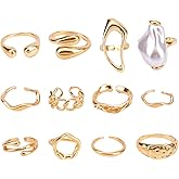 Mikovivi 12pcs Chunky Gold Rings Set for Women, Baroque Pearl Statement Rings Adjustable Stackable Knuckle Ring Set Open Stacking Plated Dome Boho Fashion Jewelry Jewellery for Prom Costume Gifts