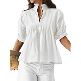 LAYOGAS Women Puff Sleeve Babydoll Peplum Tops V-Neck Pleated Blouse Casual Loose Fit Shirts White