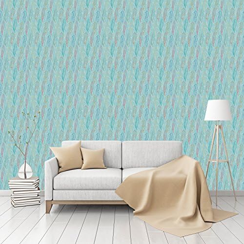 Feathers Handdrawn Azur Patterned Peel &amp; Stick Smooth Wallpaper by CustomWallpaper.com