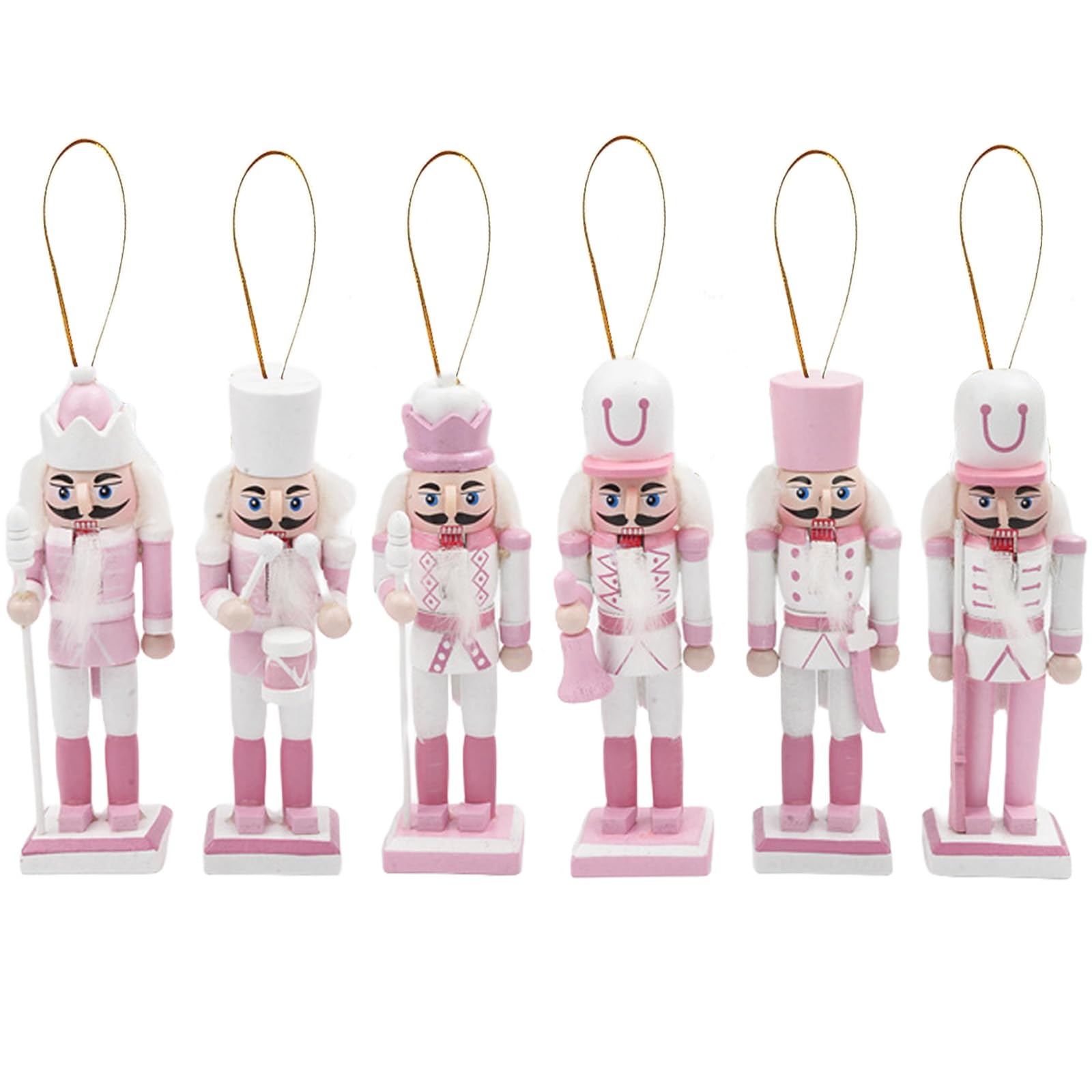 6pcs 12cm Pink Wooden Christmas Nutcracker Soldier Ornaments, Christmas Tree Decorations Mini Nutcracker Figures Hanging Ornaments,Nutcracker Soldier Puppet Doll Pendant for Tree Tradition Xmas Decor