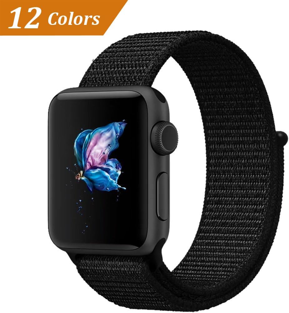 QIENGO Compatible with Apple Watch Band 42MM, Nylon Sport Loop with Hook and Loop Fastener, Adjustable Closure Wrist Strap, Replacement Band Compatible with iWatch Series 1/2 / 3, 42mm, Dark Black