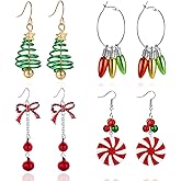 4 Pairs Christmas Earrings Set for women Christmas Tree Bow Bell Light Bulbs Hoop Earrings Christmas Holiday Party Jewellery