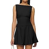 Misng Women's Sexy Boat Neck Mini Dresses Sleeeveless Ruffle Hem Party Short Dress, Medium, Black