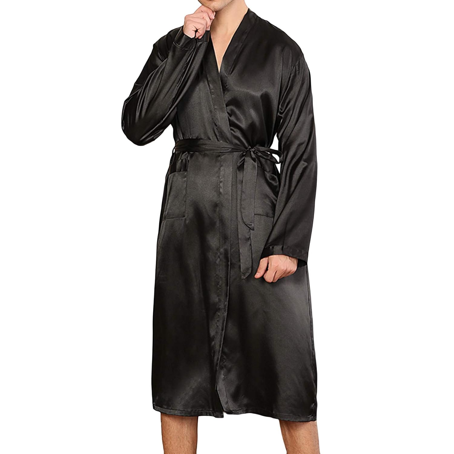 Lu's Chic Men's Satin Robe Long Sleeve Kimono Lightweight V Neck Solid