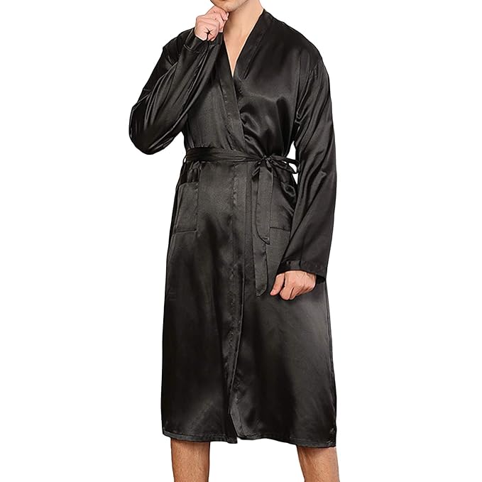 Lu's Chic Men's Satin Robe Long Sleeve Kimono Lightweight V Neck Solid