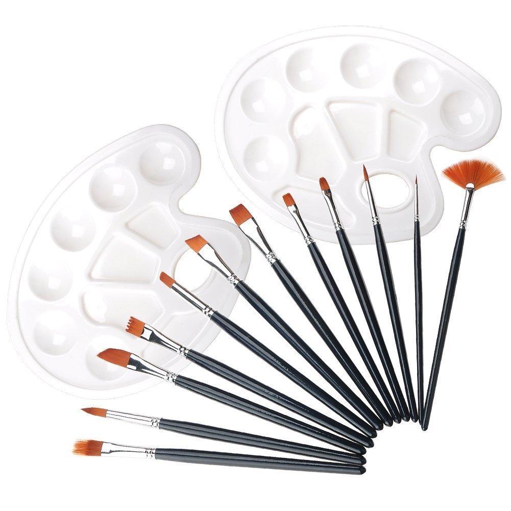 Paint Brush Set, Morkia 12pcs Round Pointed Tip Nylon Hair Artist Acrylic Brushes and 2pcs Paint Tray Palettes for Watercolor Acrylics, Oil Painting Supply