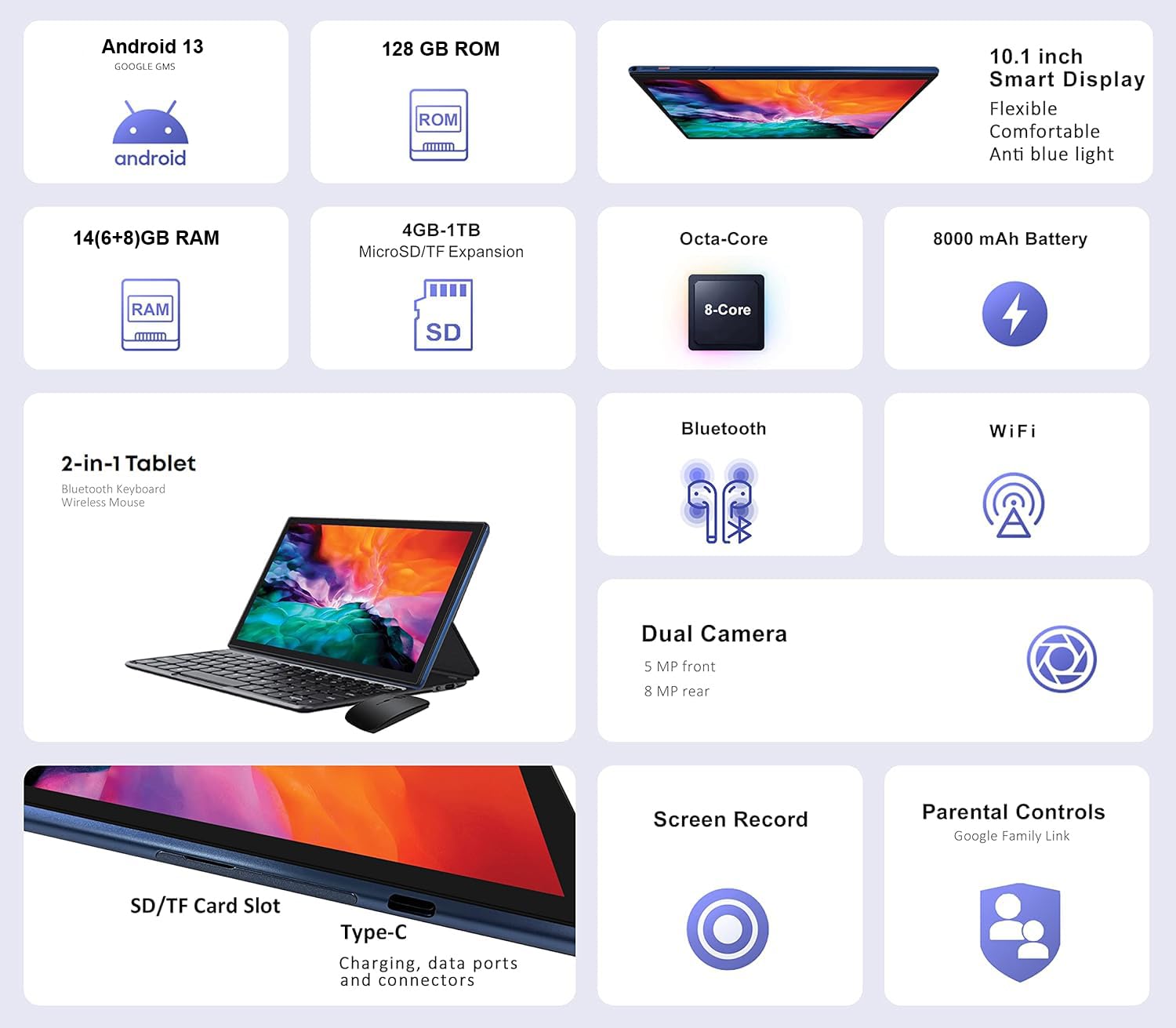 2025 Android 13 Tablet 10 Inch, 5G WiFi 14GB RAM+128GB ROM(1TB TF), 2 in 1 Tablet with Keyboard Mouse Case Octa-Core 2.0Ghz | 8000mAh | 1080FHD | Bluetooth5.0 | WiFi GPS OTG Type C-Blue