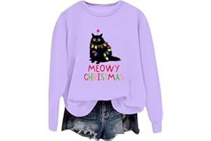 Christmas Sweatshirt Women Funny Cat Printed Xmas Festive Sweaters Long Sleeve Crewneck Pullover Holiday Casual Tops