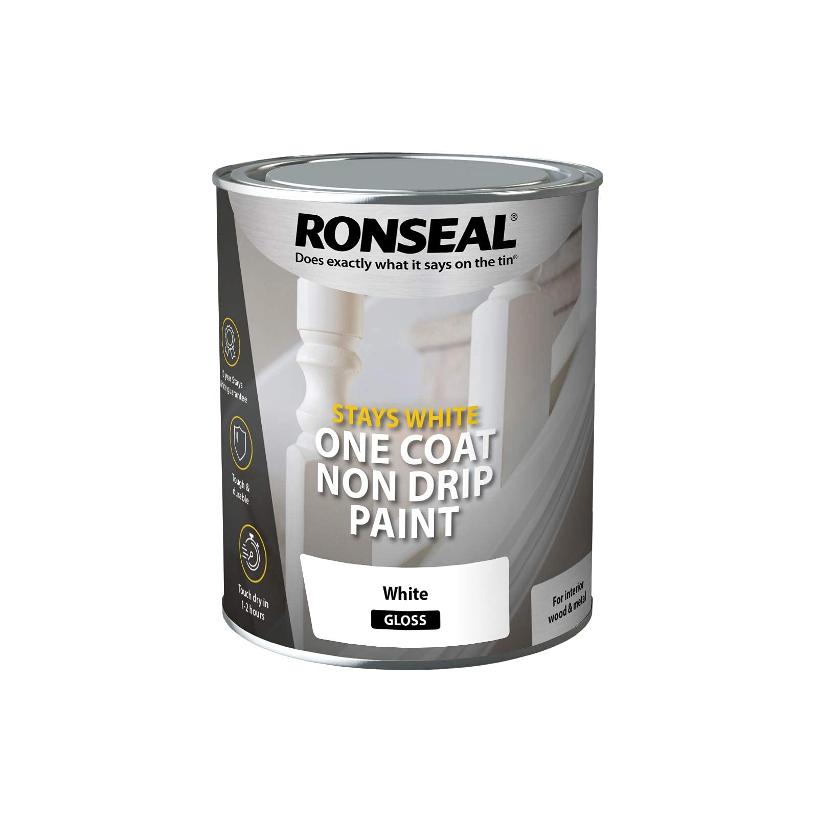 Ronseal RSLOCSWGP750 One Coat Stays Gloss Paint, White, 750 ml
