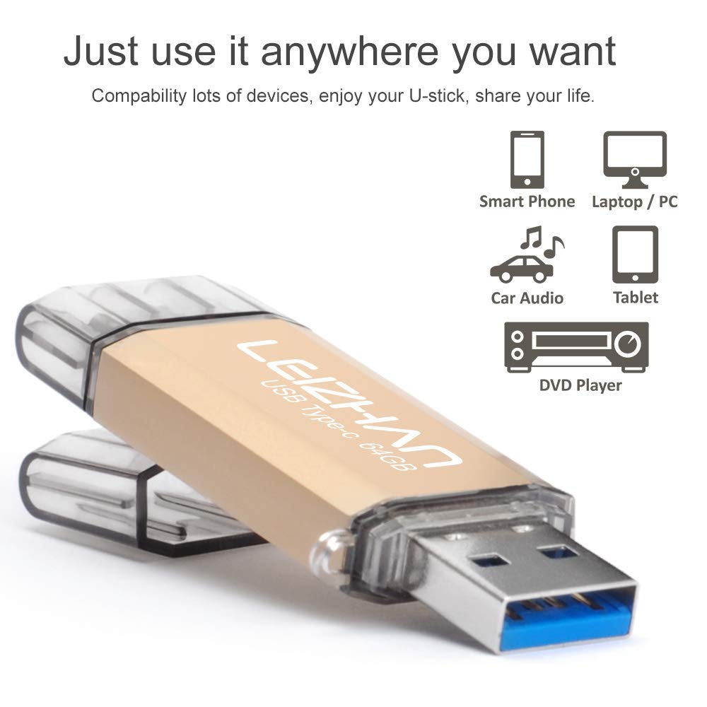 Type-C Flash Drive, USB-C Thumb Drive 3.0 for Samsung Galaxy Note10, S10,Note 9, S9, Note 8,S8,XiaoMi 9,Google Pixel,New MacBook, leizhan 32GB Photo Stick,Gold