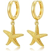 SANNYRA Huggie Earrings for Women - 14K Gold Plated Beach Sea Drop Dangle Earrings - Starfish Butterfly Moon Star Seashell Beachy Jewelry