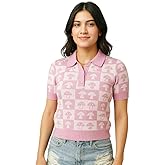 Novelle Fashion Womens Short Sleeve Sweater in Pink with Small Size | Short Sleeve Sweater for Women in Checkerboard Pattern | Womens Knit Tops Sweater Polo Women with Front Button Placket