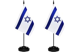 TIBIJOY Israel Israeli Deluxe Desk Flag Set Small Mini Miniature Israel Israeli Table Desktop Flags With Solid Pole, Black Base and Spear Top(2 Pack)