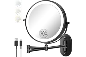 VFD 30X/1X Wall Mounted Lighted Makeup Mirror, 8'' Double Sided Rechargeable Magnifying Bathroom Mirror with Light, 3 Color Lights Touch Dimmable Extended Arm 360 Rotation Light up Mirrors