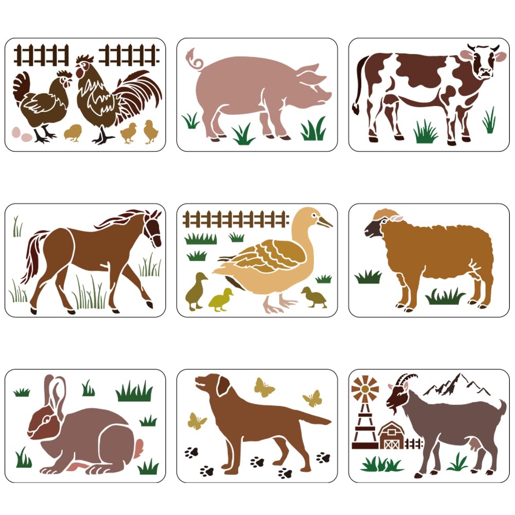 FINGERINSPIRE 9pcs Farm Animals Stencils 29.7 x 21 cm Farm Poultry Animal Drawing Stencil Animals Template for Painting on Walls Canvas Wood Tiles Paper Floor