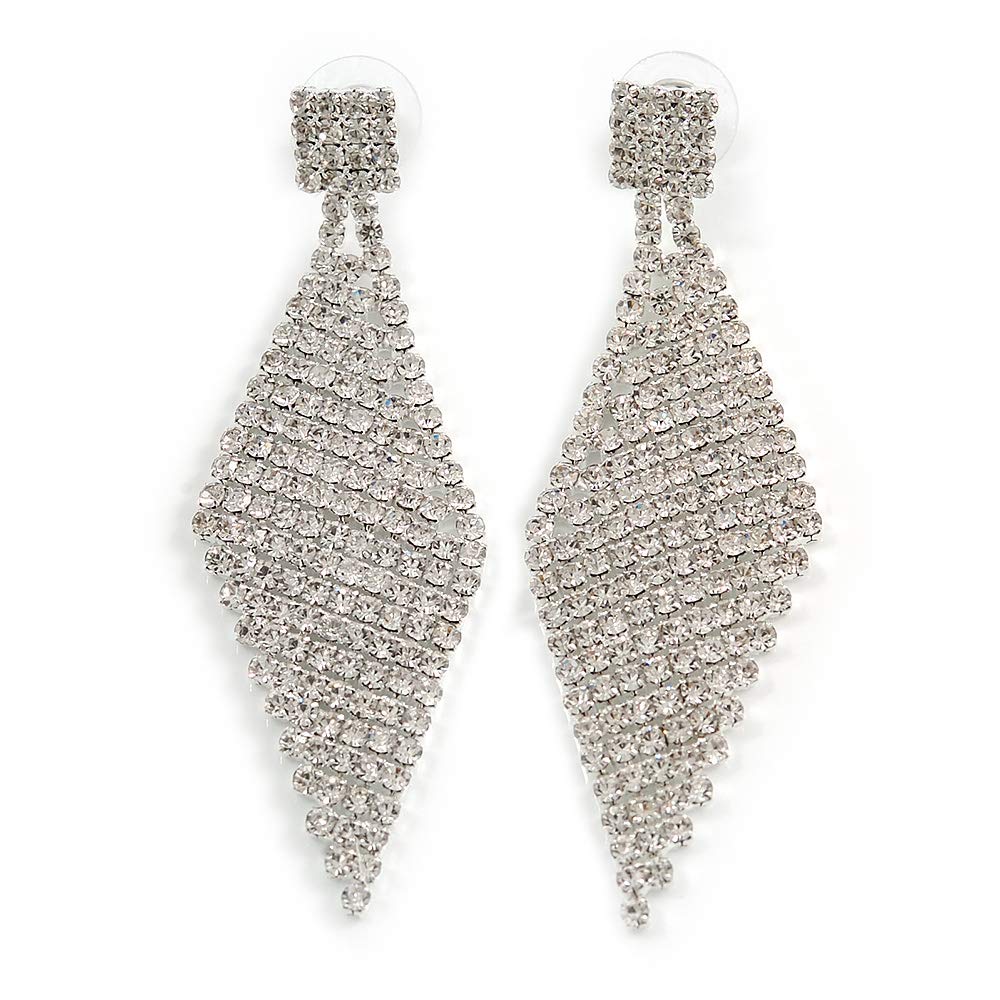 Long Clear Crystal Mesh Chandelier Earrings/Silver Tone/ 70mm L
